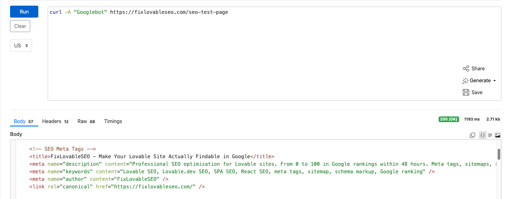 SEO test page showing how Google incorrectly sees the default meta tags