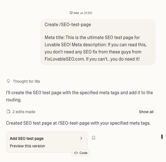 SEO test page prompt showing the client request